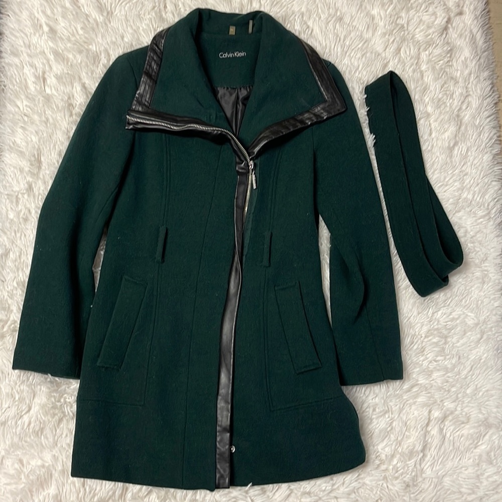 Calvin Klein Women’s Faux - Leather Trim Belted Wrap Coat